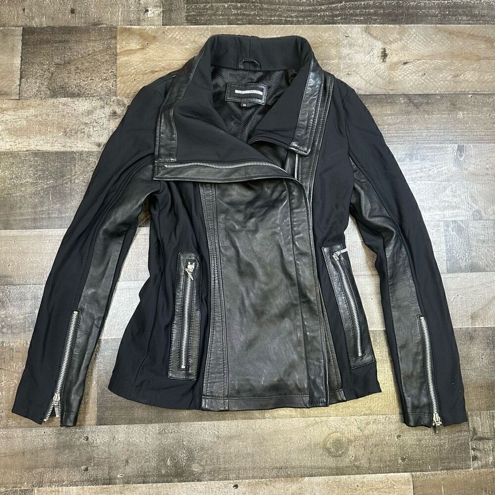 Anatomie Women’s Size XS High Neck Leather Jacket Black Mixed Material Zip Up